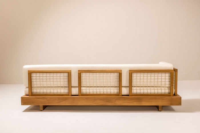 DI LIDO Collection by Studio JAC featuring modern outdoor furniture crafted from solid Iroko, with woven rope detailing, low-slung profiles, and architectural form designed for relaxed outdoor living.