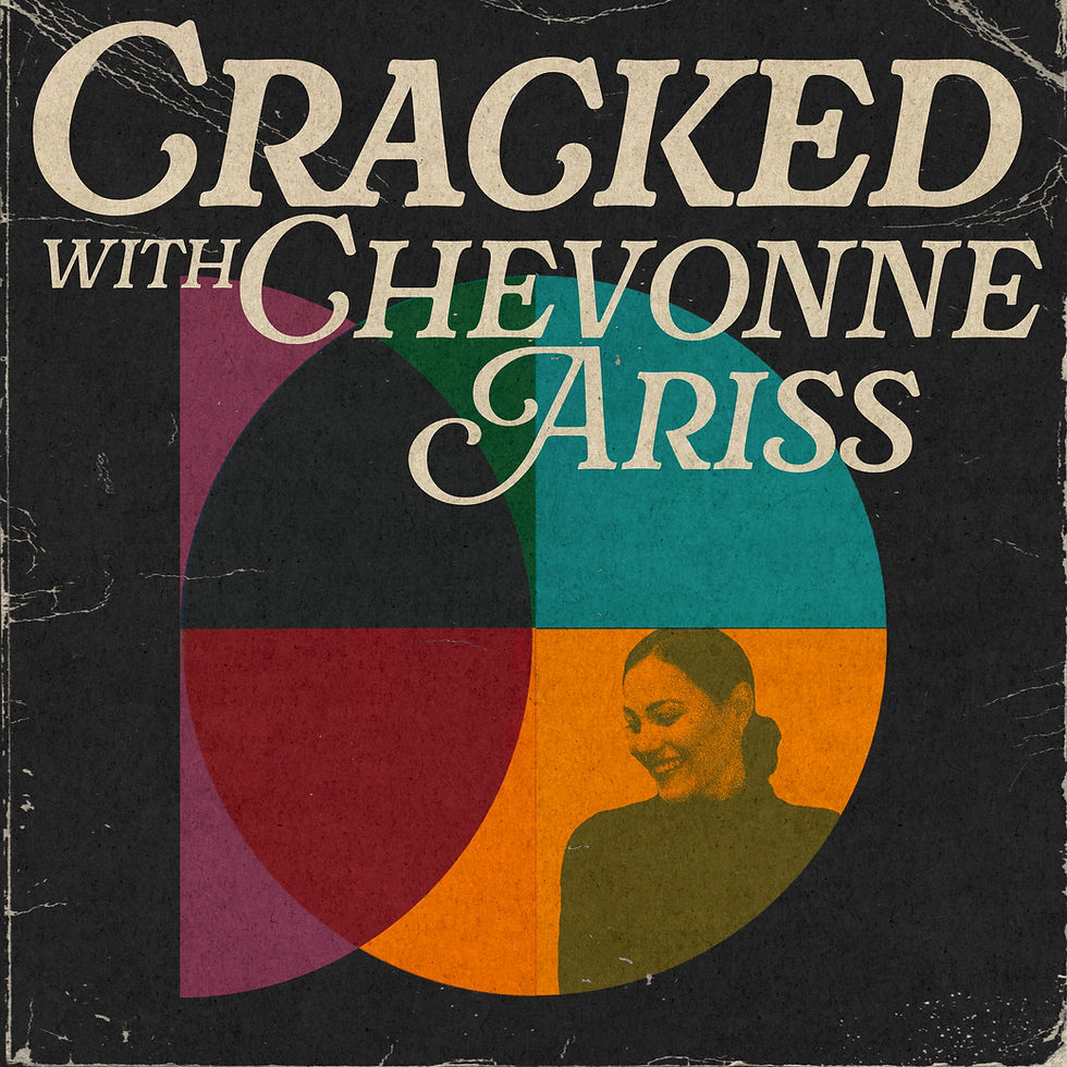Vintage poster reading Cracked with Chevonne Ariss over colorful geometric shapes and a smiling woman on a black background.