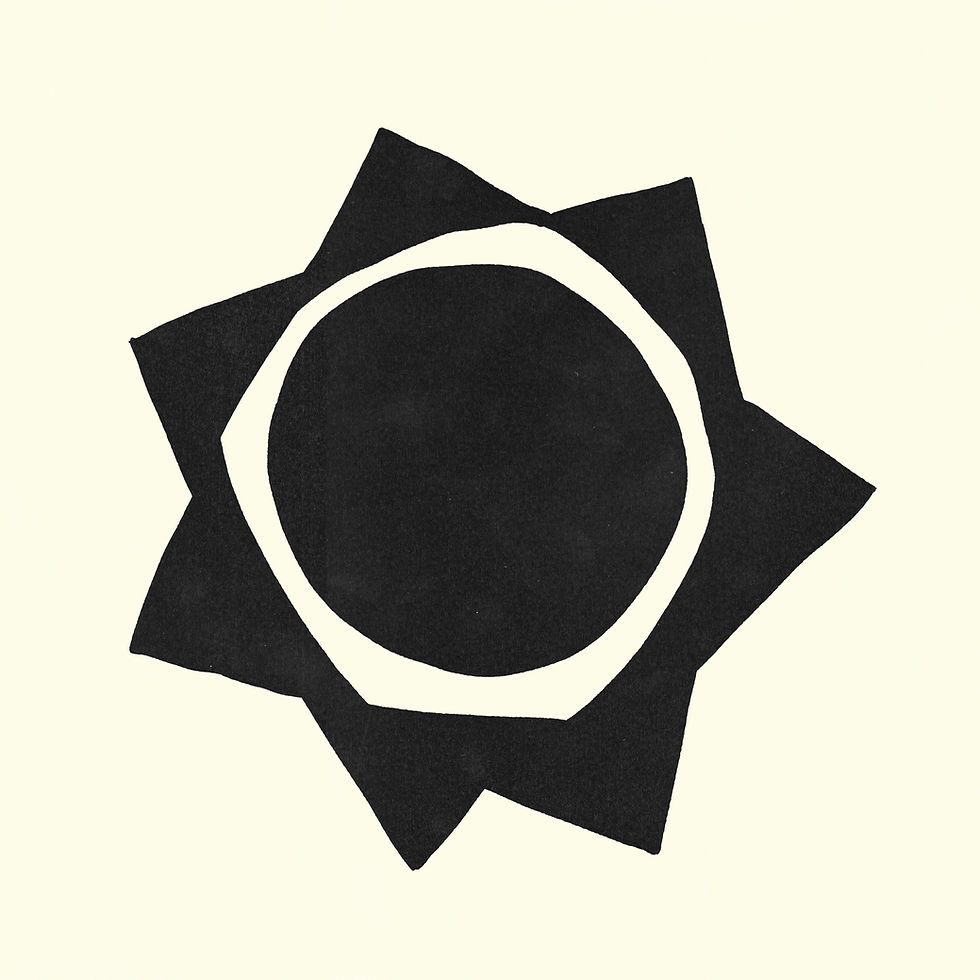Black abstract sunburst design on an off-white background, featuring a bold black circle surrounded by irregular, pointed edges by the newton agency