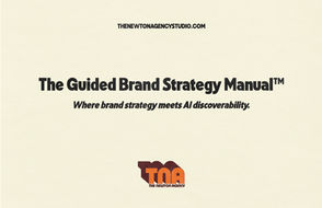Text on a beige background reads "The Guided Brand Strategy Manual™" with a tagline "Where brand strategy meets AI discoverability." Logo and URL included.