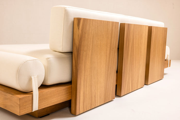 ARÉ Collection by Cristina Recio crafted from solid Iroko wood, featuring minimalist outdoor furniture with clean lines, natural materials, and architectural form.