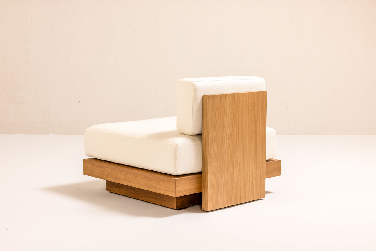 ARÉ Collection by Cristina Recio crafted from solid Iroko wood, featuring minimalist outdoor furniture with clean lines, natural materials, and architectural form.