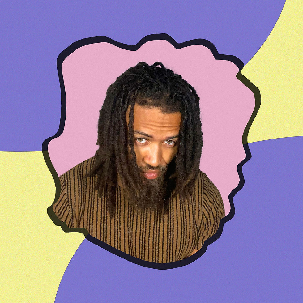 Person with dreadlocks in a brown striped sweater looks at the camera. Background features abstract purple, yellow, and pink shapes.
