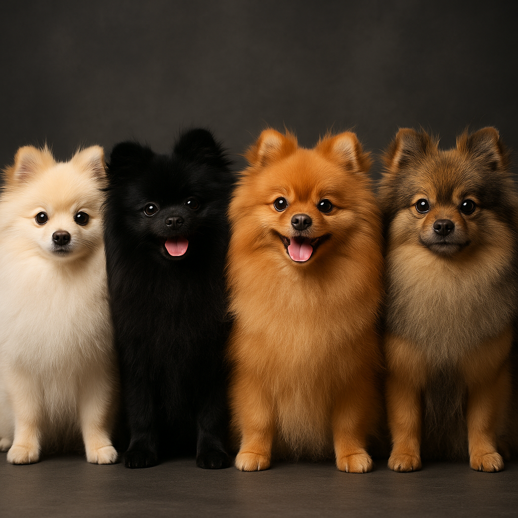 Vários Lulus da Pomerânia de cores diferentes posando lado a lado para foto profissional
