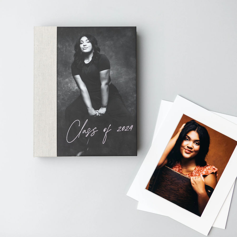 Print box with a mounted senior portrait print
