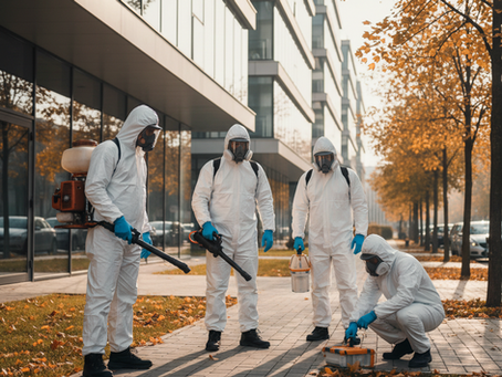 Echipă profesională DDD All in One Solution care efectuează servicii de dezinsecție, deratizare și dezinfecție în București, toamna, pentru prevenirea dăunătorilor înainte de iarnă.