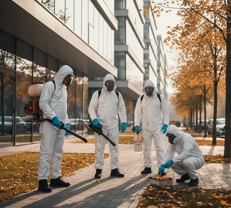 Echipă profesională DDD All in One Solution care efectuează servicii de dezinsecție, deratizare și dezinfecție în București, toamna, pentru prevenirea dăunătorilor înainte de iarnă.