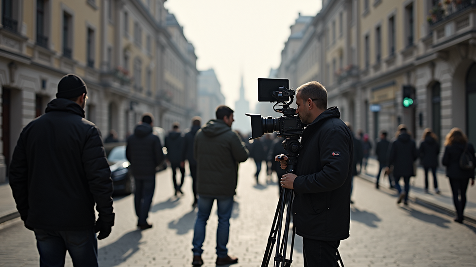Eye-level view of a film crew setting up equipment on location