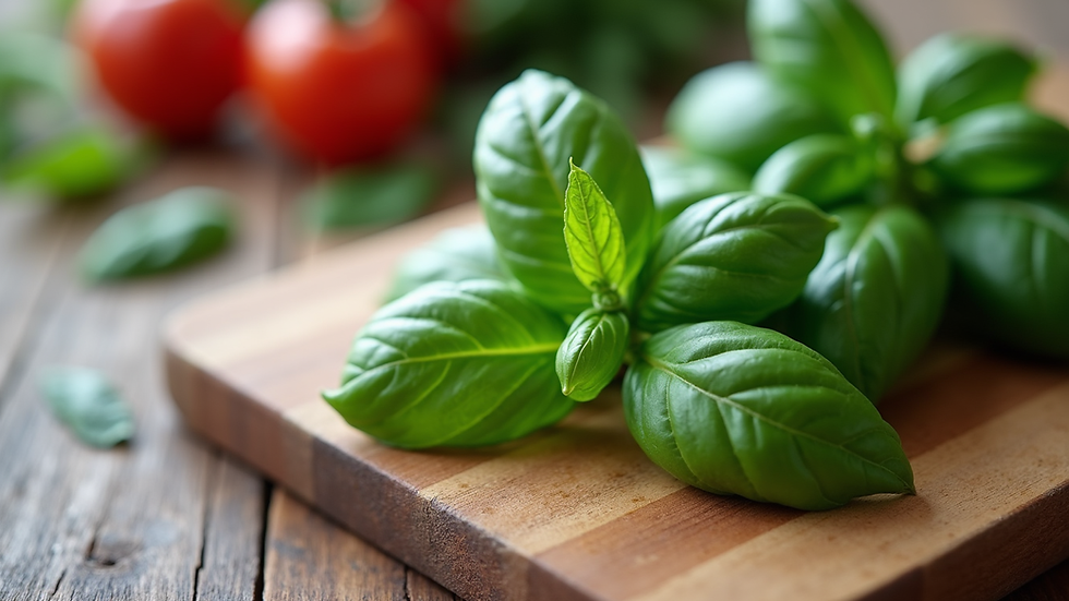 Close-up view of fresh basil leaves on a wooden cutting board
