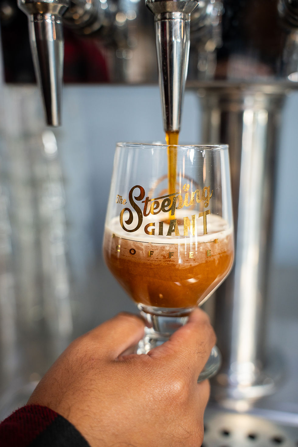 Nitro cold brew being poured from The Steeping Giant tap into a branded glass with a creamy foam head.