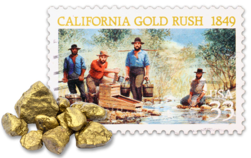 Scene of miners looking for gold reproduced in a U.S. post stamp