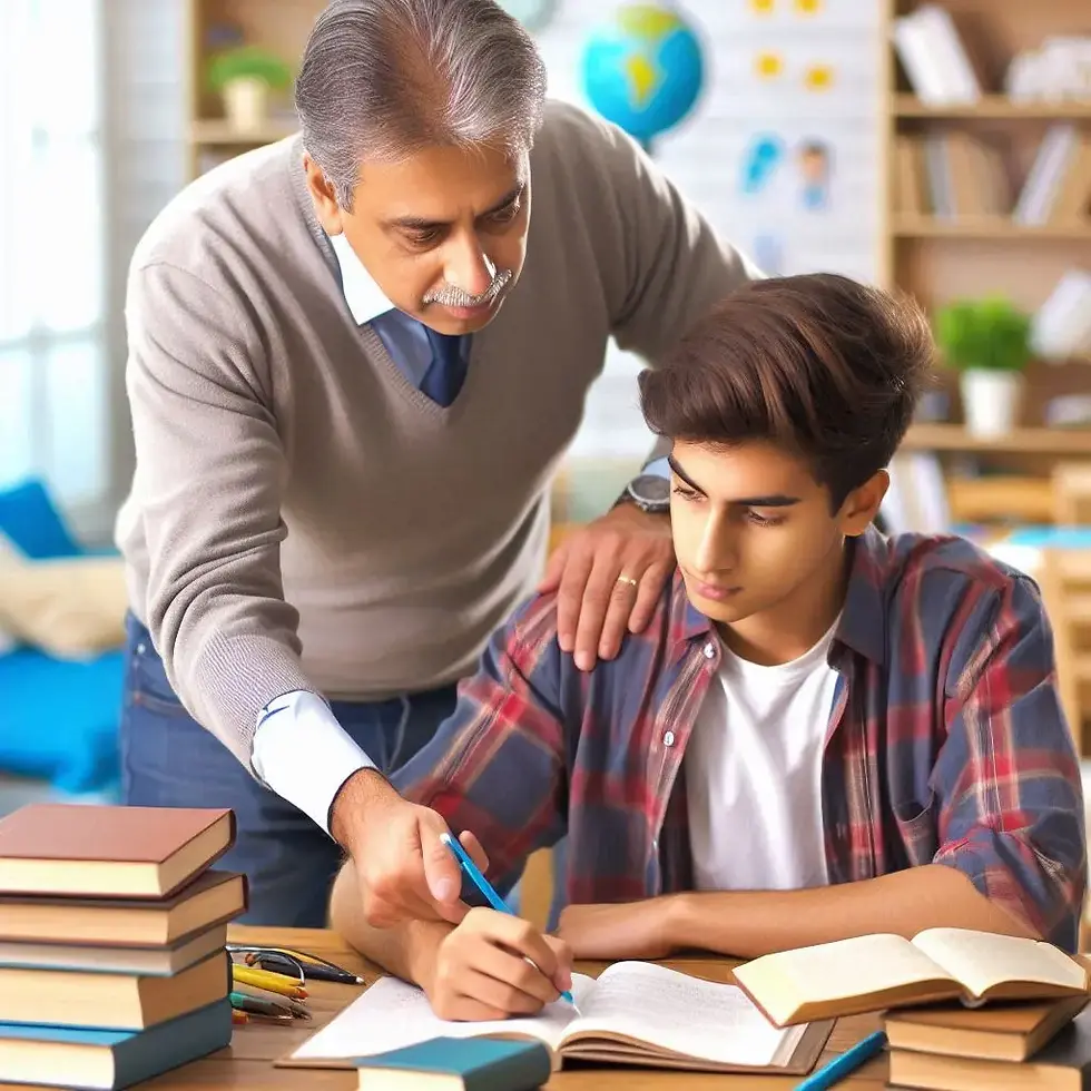 A father helping his son to study