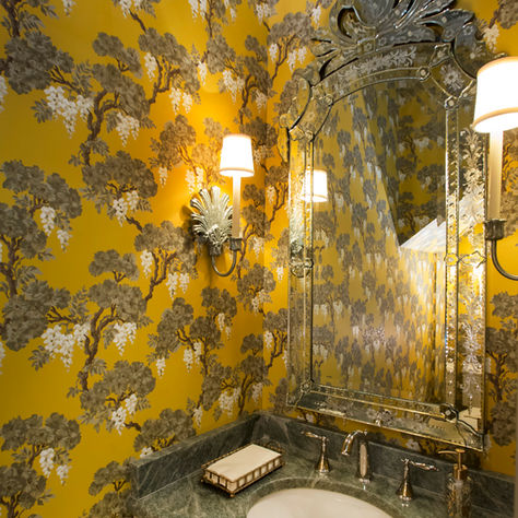 Cole and Son gold and white art nouveau willow wallpaper powder room