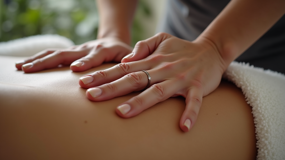 Close-up view of massage therapist applying firm pressure on back muscles