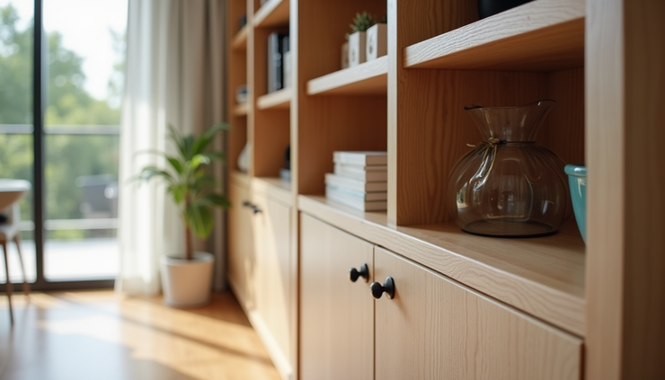 Eye-level view of a clean built-in wooden cabinet with shelves and handles