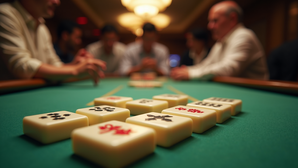 Eye-level view of a Mahjong table set up for a tournament