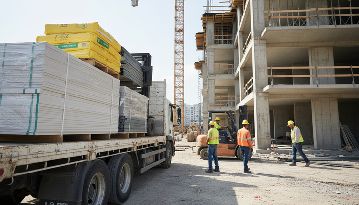 Eye-level view of a delivery truck unloading pallets at a construction site