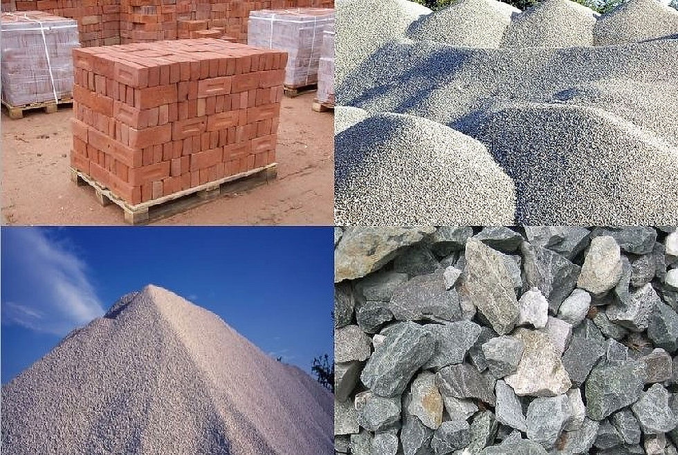 Stacks of bricks and piles of gravel for construction materials supply