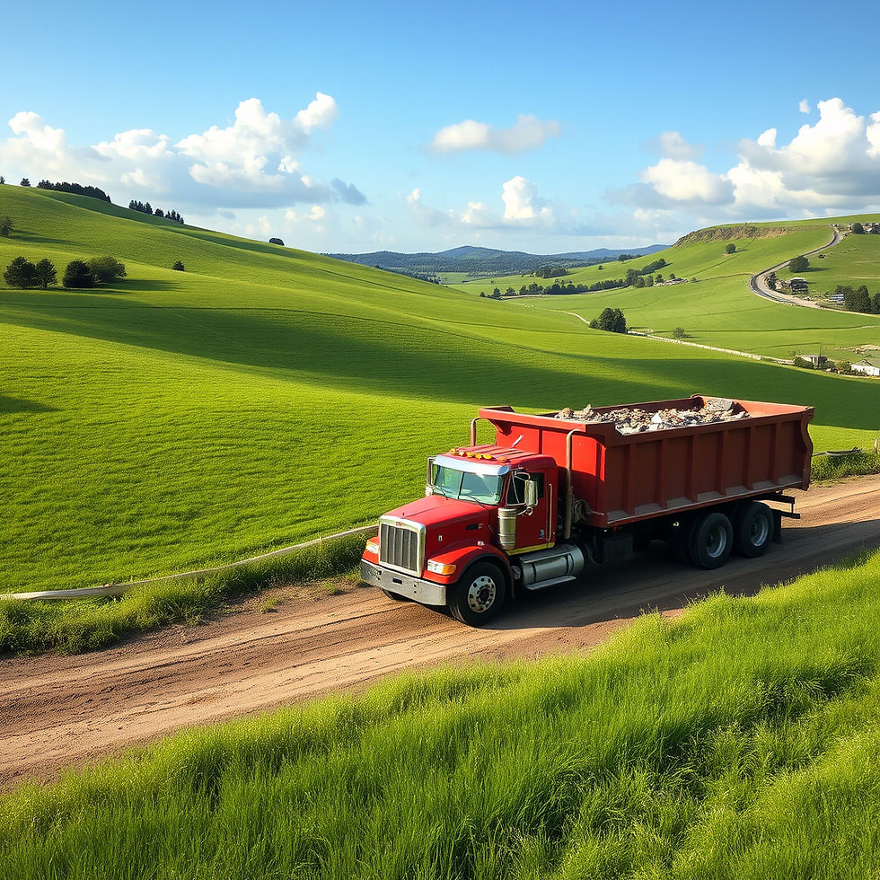Beautiful green pastures with a strong red truck hauling construction and debris waste to