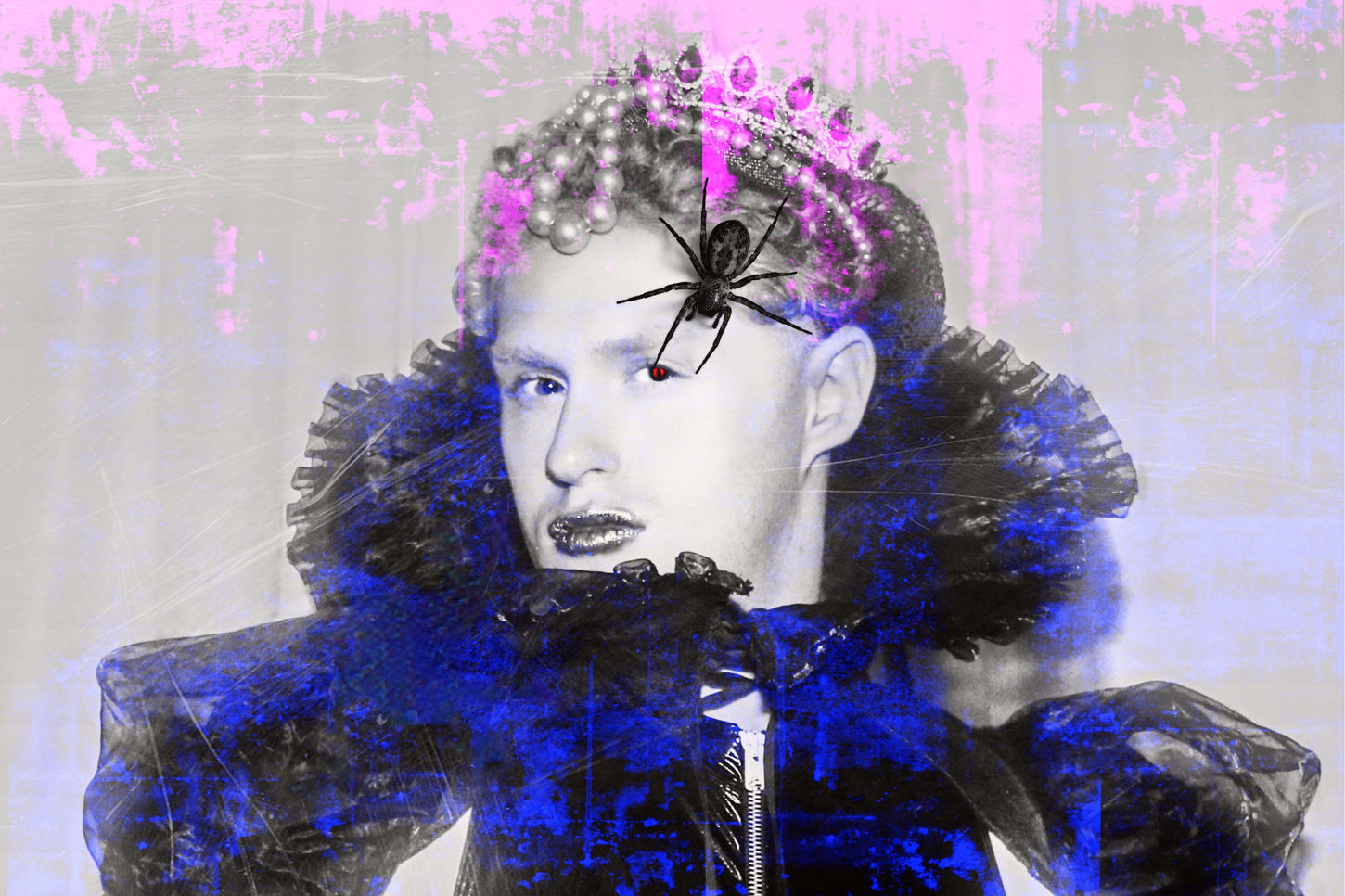 Artistic black and white portrait of Danny wearing a crown adorned with pearls, with a black spider prominently placed on the forehead, blending Victorian fashion elements with digital technology.