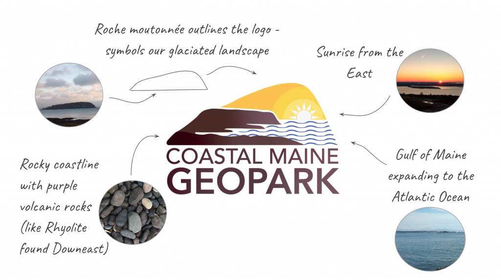 Logo with the words Coastal Maine Geopark with a brown rocky coastline, brown roche mountennee outline, blue waves, and yellow sun above