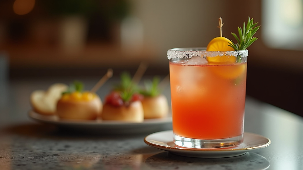 Close-up view of a premium cocktail and appetizer set on a polished table