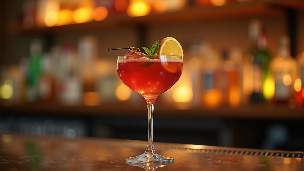 close-up view of cocktail glass with garnish on bar table