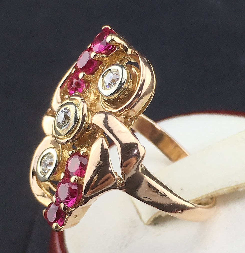 Thumbnail: Art Deco 14K Rose Gold Ring with Diamonds  Rubies