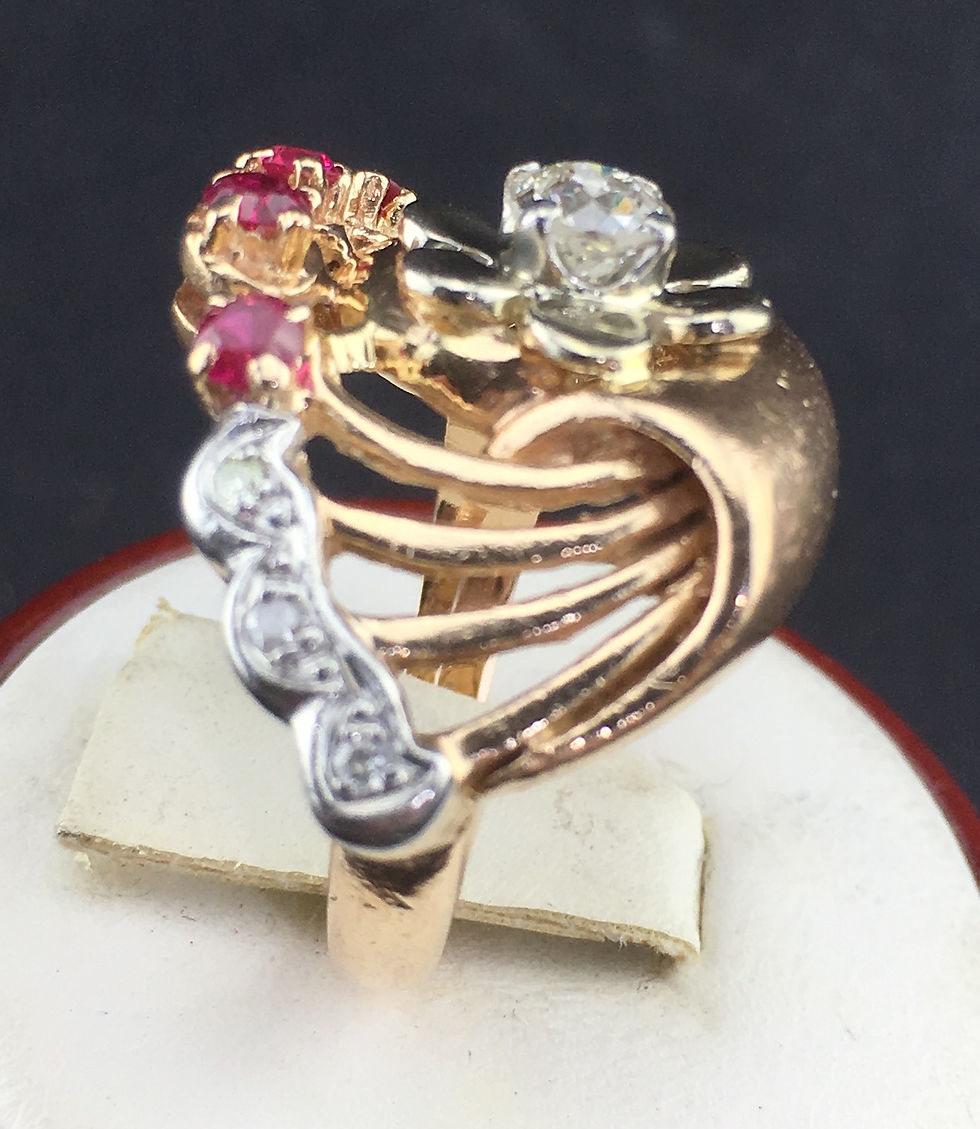 Thumbnail: Art Deco 14K Rose Gold Ring with Diamonds  Rubies
