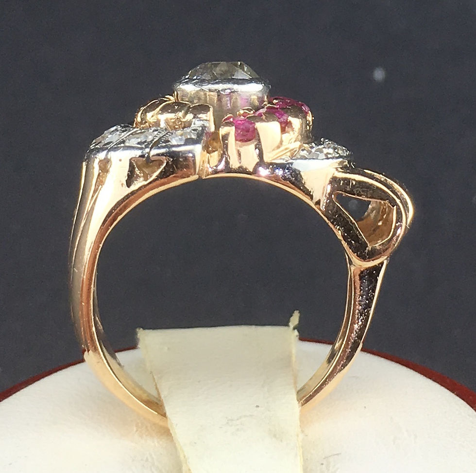 Thumbnail: Art Deco 14K Rose Gold Ring with Diamonds  Rubies