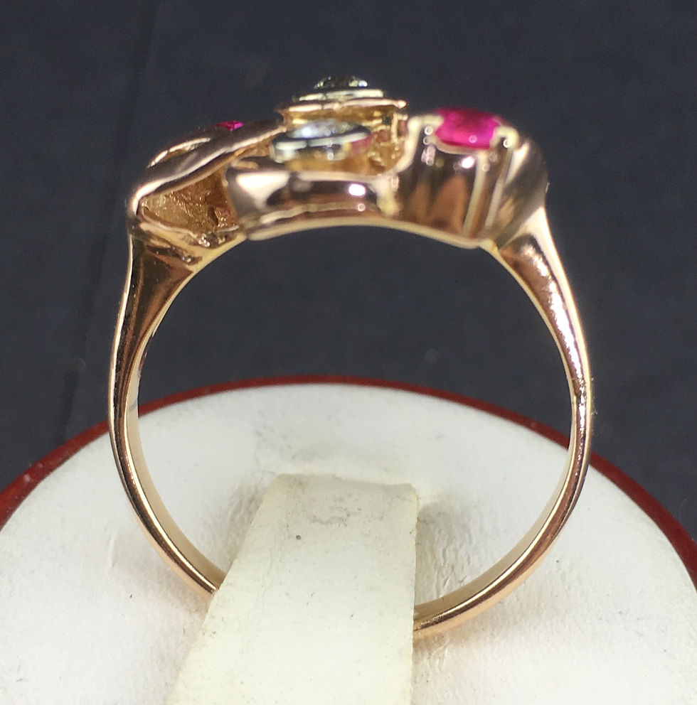 Thumbnail: Art Deco 14K Rose Gold Ring with Diamonds  Rubies