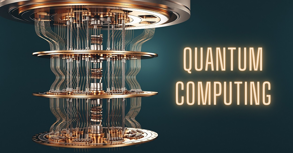 A complex quantum computer with copper coils, wires, and circular plates against a dark teal background. Text reads "QUANTUM COMPUTING."
