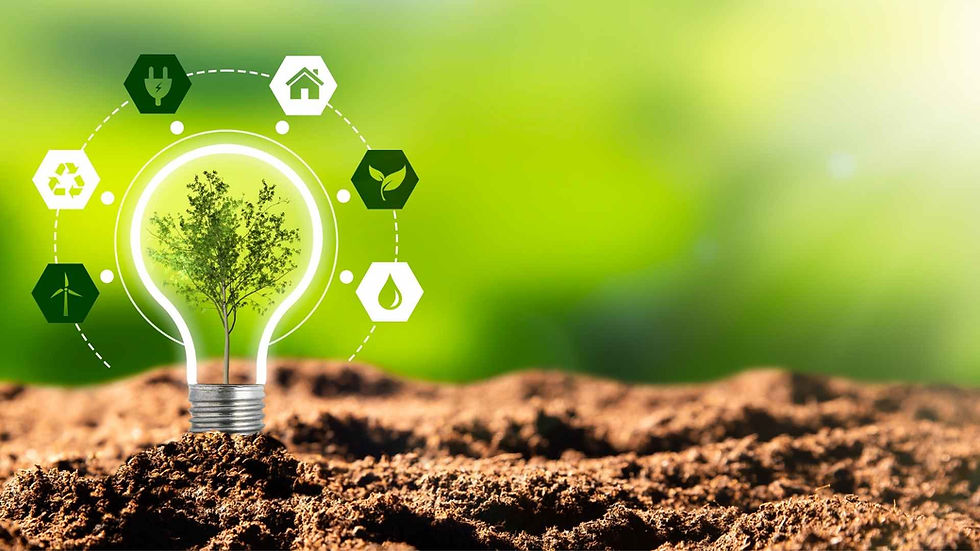 Light bulb with a tree inside sprouting from soil, surrounded by green energy icons. Bright, green background symbolizes eco-friendliness.