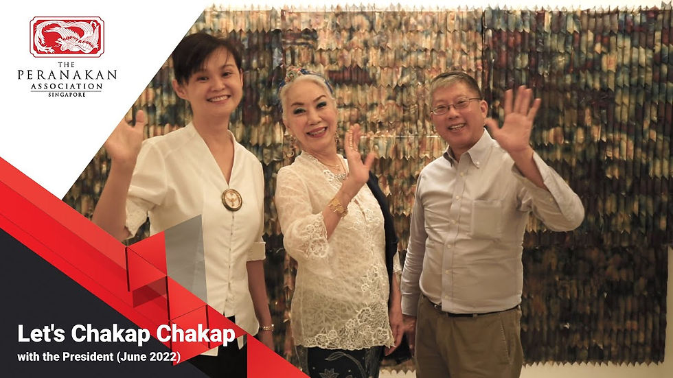 Three people smiling and waving in front of a colorful art backdrop. Text reads: "Let's Chakap Chakap with the President (June 2022)."