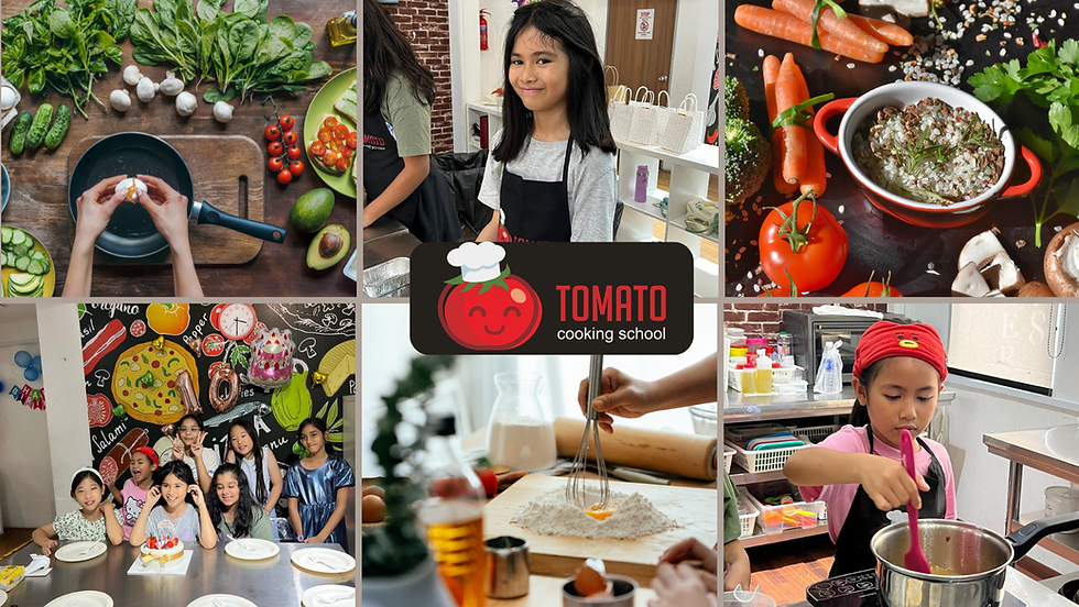 Kids cooking class at Tomato Cooking School. Children in aprons, cooking and smiling. Ingredients include vegetables and baked goods. Playful mood.