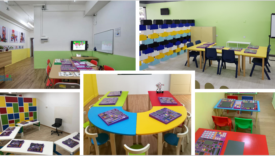 Bright classroom collage with colorful square tables, books, and vibrant decor. Walls have abstract art and a TV; organized, lively setting.