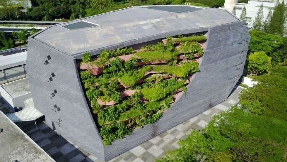 Modern building with a slanted roof, featuring a large vertical garden on one side. Surrounded by lush greenery and tiled pavement.