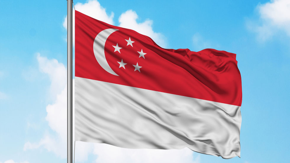 Singapore flag with crescent and stars waving against a bright blue sky with clouds. The flag is red and white, symbolizing unity and progress.