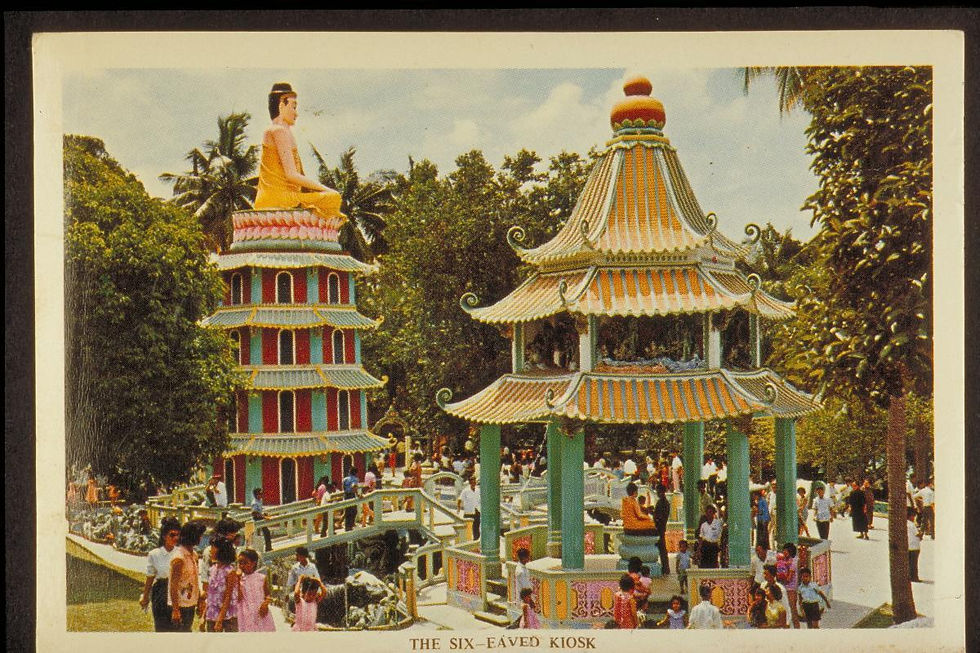 People gather near colorful pagodas and a large Buddha statue in a lush park. Text reads "The Six-Eaved Kiosk." A cheerful, vibrant scene.