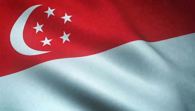 Singapore flag waving; red top with white crescent and five stars, white bottom. Textured fabric evokes a sense of national pride.