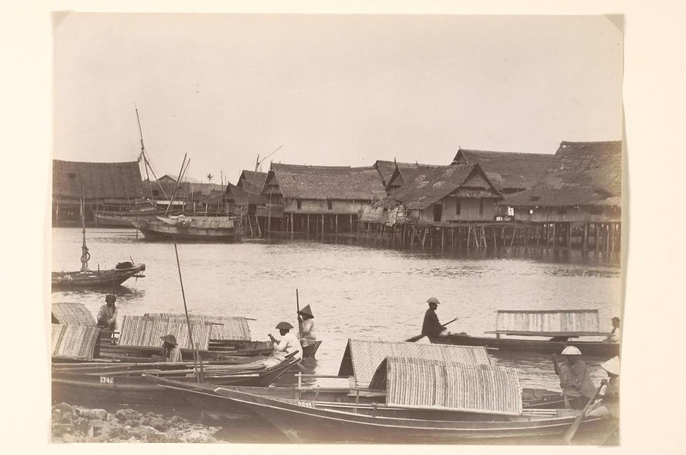 Boats with people in conical hats on a river, stilt houses in the background. Calm setting; visible numbers 1742 and 2143 on boats.