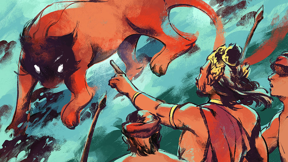 A warrior points at a glowing-eyed lion leaping through a colorful, swirling background. The scene is dynamic with bold brushstrokes.