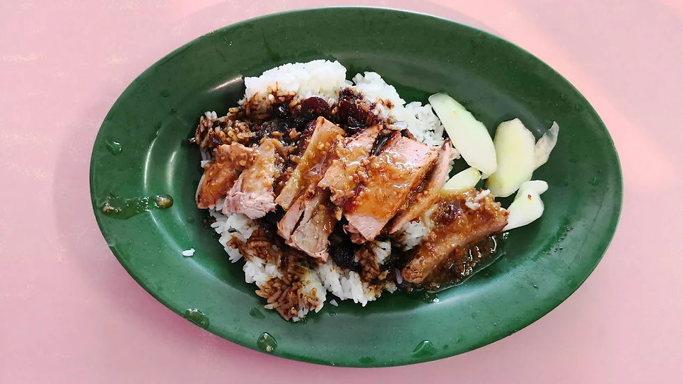 Sliced roasted duck over white rice with sauce, served on a green plate, garnished with cucumber slices. Pink tabletop background.