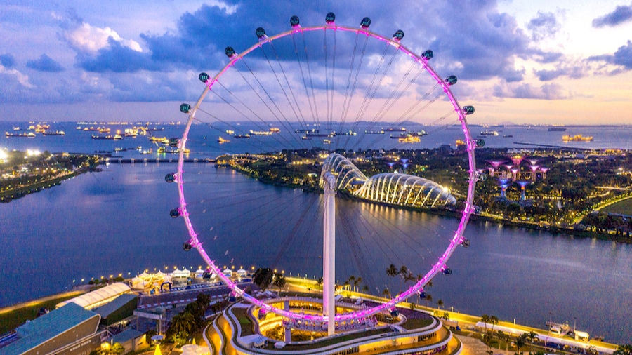 Illuminated Ferris wheel with pink lights at dusk by waterfront. Cityscape and ships in background, under a sky with clouds.
