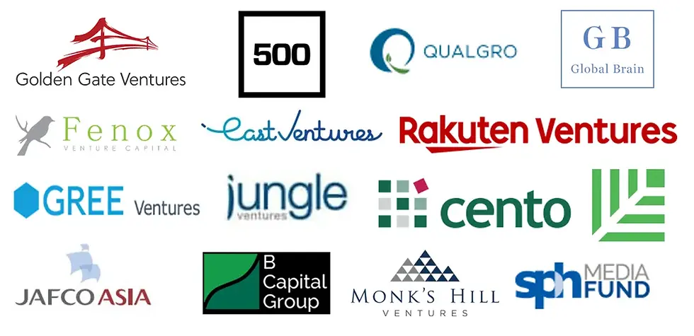 Logos of various venture capital firms including Golden Gate, Rakuten, GREE, and B Capital on a white background.