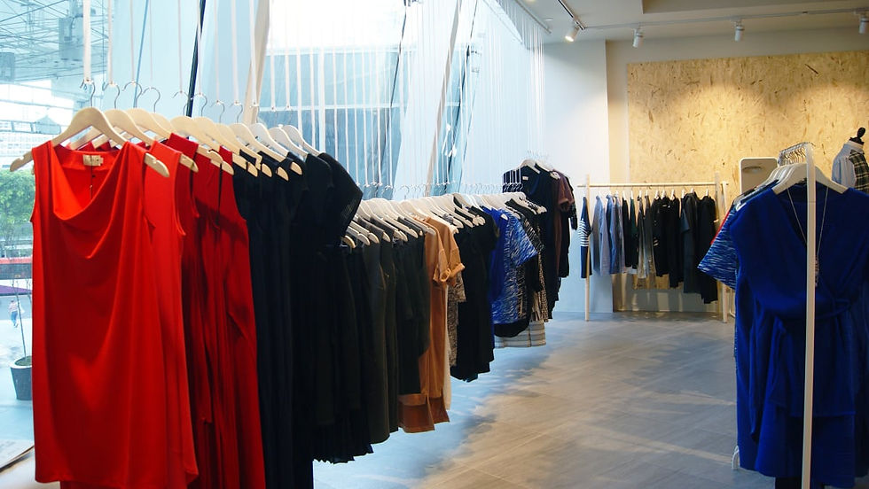 Clothing store interior with racks of colorful dresses, including red, black, and blue. Bright, spacious setting with large windows.