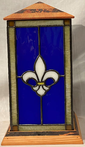 Handcrafted stained glass urn with Fleur-de-lis