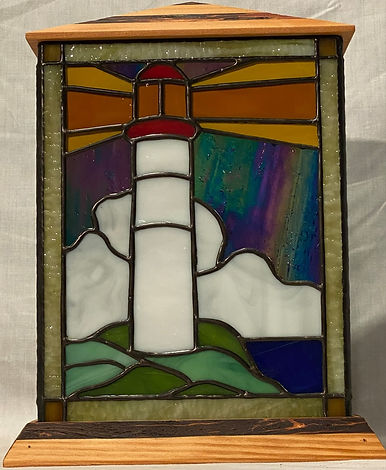 Handcrafted stained glass urn with lighthouse