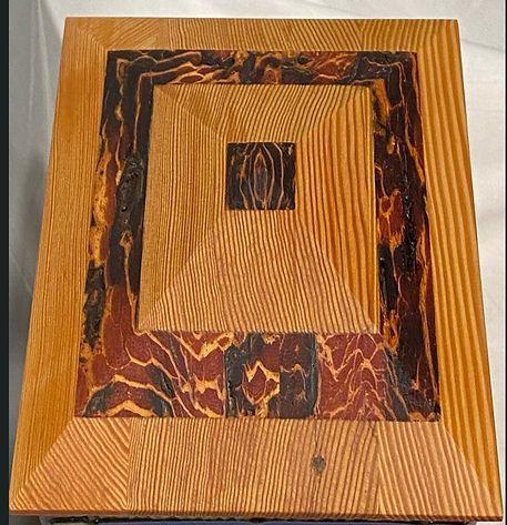 Laminated top of urn made from reclaimed Douglas Fir and Douglas Fir Bark