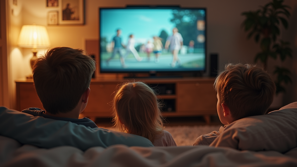 Eye-level view of a family watching old videos together